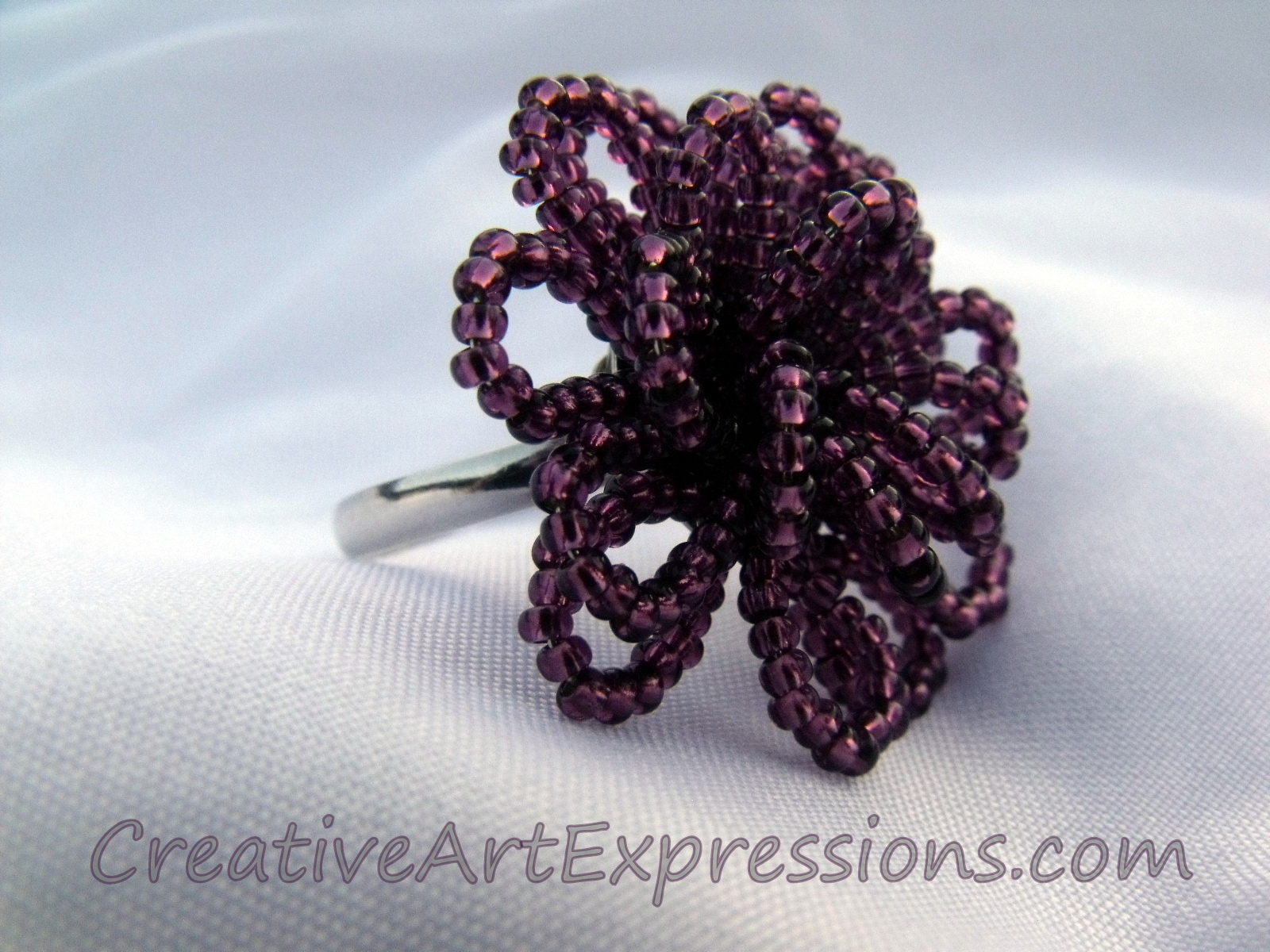 Creative Art Expressions Handmade Amethyst Seed Bead Flower Ring Jewelry Design